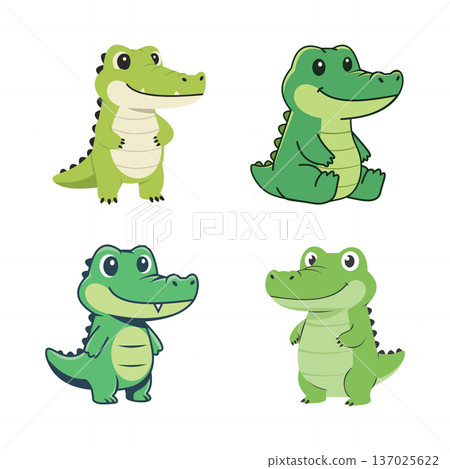 Happy Green Crocodile Cartoon Character Set 137025622