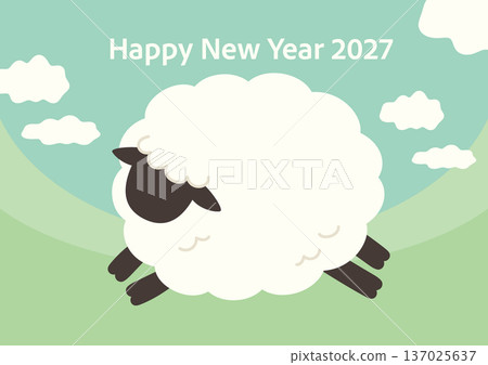 Vector illustration for New Year's cards with blue sky, white clouds and fluffy sheep Vector illustration for New Year's cards with blue sky, white clouds and fluffy sheep 137025637
