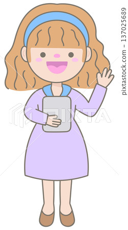 Curly Hair Business Woman Greeting with Hand Gesture and Holding Tablet Modern Office Lifestyle 137025689