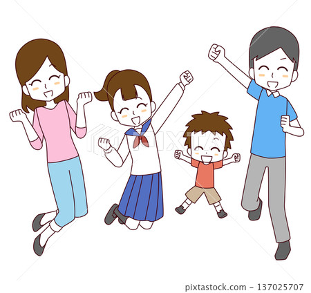Illustration of a family of four jumping with smiles 137025707