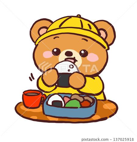 Illustration of a bear eating rice balls in a bento box (line drawing included) Illustration of a bear eating rice balls in a bento box (line drawing included) 137025918