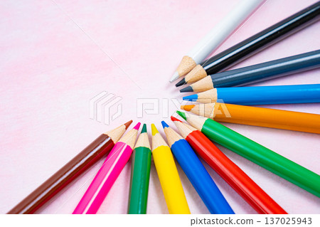 Colorful colored pencils and copy space, stationery image on white background Colorful colored pencils and copy space, stationery image on white background 137025943