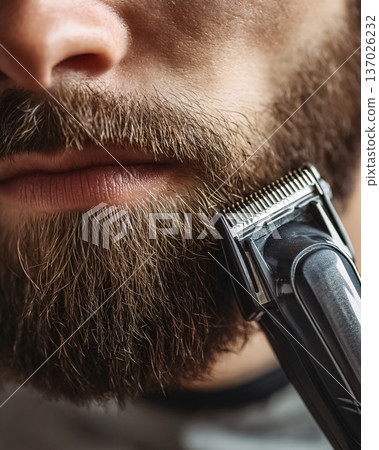 Extreme close-up of young man trimming thick brown beard with professional electric clipper. Detailed male grooming concept. Facial hair maintenance, barbering, daily hygiene. Macro texture stubble. Extreme close-up of young man trimming thick brown beard with professional electric clipper. Detailed male grooming concept. Facial hair maintenance, barbering, daily hygiene. Macro texture stubble. 137026232