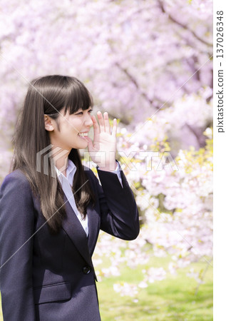 上班族女工們在櫻花樹下歡呼 137026348