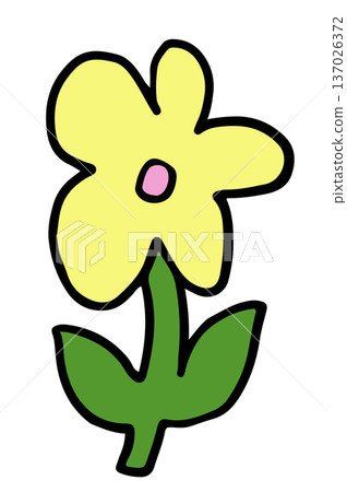 Hand drawn yellow flower with green leaves for nature, garden, tree, plants, blossom, blooming, park, picnic, home yard, sticker, cartoon, floral print, decoration, patch, tattoo, icon, fabric print 137026372