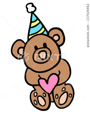 Hand drawn teddy bear wearing party hat doll for plush toy, kid doll, zoo, souvenir shop, animal, sticker, tattoo, shirt print, card, social media, cartoon character, comic, mascot, Valentine's Day Hand drawn teddy bear wearing party hat doll for plush toy, kid doll, zoo, souvenir shop, animal, sticker, tattoo, shirt print, card, social media, cartoon character, comic, mascot, Valentine's Day 137026462