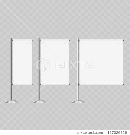 Realistic White Vertical Banner Stand Set. Vector Metal Trade Show Flag Templates in Various Sizes. Realistic White Vertical Banner Stand Set. Vector Metal Trade Show Flag Templates in Various Sizes. 137026526