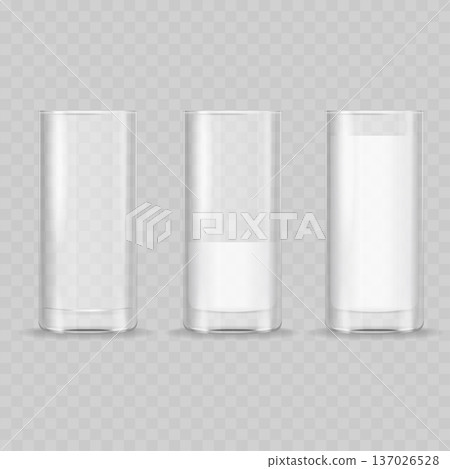Realistic Glass of Milk Mockup Set. Vector Empty, Half-Full and Full Highball Cups with Dairy Drink. 137026528