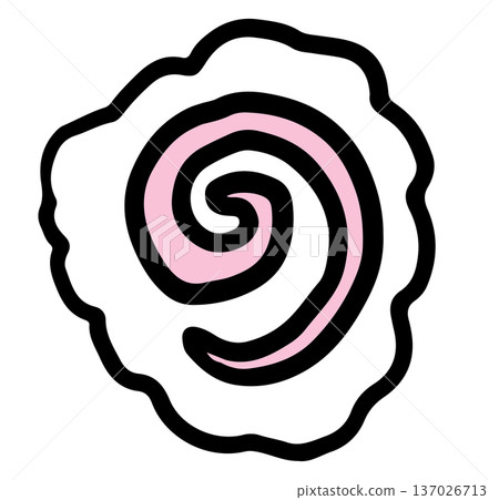 Hand drawn swirly pink and white fish cake or Japanese steamed fish cake used as a signature topping in ramen noodles for decorations, food, cook book, cuisine, appetiser, restaurant, menu, recipe 137026713