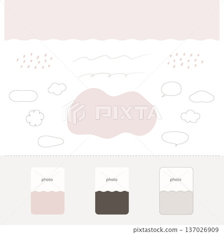 A set of easy-to-use hand-drawn web design materials (wave backgrounds, speech bubbles, cards). Stylish SNS decorations. 137026909