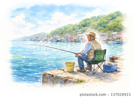水彩插畫，描繪了一位老人在港口碼頭上享受釣魚的場景。 137026915