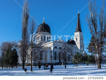 Snowy winter cityscape of UNESCO historic center of Odessa, Ukraine 137026956