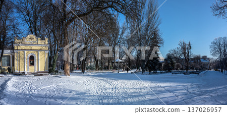 Snowy winter cityscape of UNESCO historic center of Odessa, Ukraine 137026957