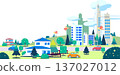 Flat illustration of a cityscape with residential areas and skyscrapers and a small bird 137027012