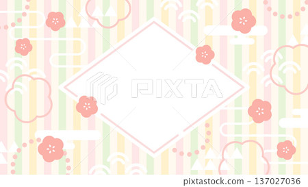 Japanese-style frame for Hinamatsuri with peach blossoms and geometric pattern background, 16:9 landscape 02 137027036