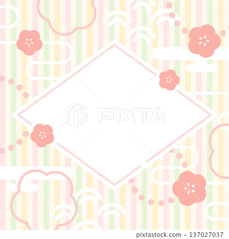 Hinamatsuri Japanese-style frame with peach blossoms and geometric pattern background, square 02 Hinamatsuri Japanese-style frame with peach blossoms and geometric pattern background, square 02 137027037