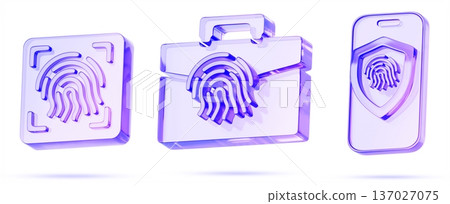 3d glass holographic biometric identification set. Fingerprint scan icon, briefcase with finger print scanner to protect document, laptop. Smartphone with touch id and security shield. 3D illustration 3d glass holographic biometric identification set. Fingerprint scan icon, briefcase with finger print scanner to protect document, laptop. Smartphone with touch id and security shield. 3D illustration 137027075