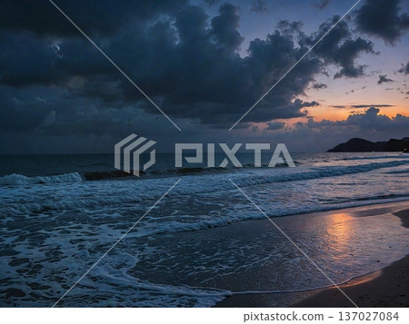 Dusky Sands Reflect Calm Blue Hues, Soft Twilight Afterglow Illuminates Quiet Coastal Horizons Dusky Sands Reflect Calm Blue Hues, Soft Twilight Afterglow Illuminates Quiet Coastal Horizons 137027084