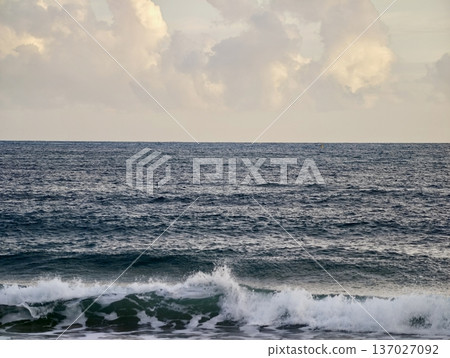 Foamy surf meets stormy sky, Ocean waves strike beach with vigorous force under cloudy sky 137027092
