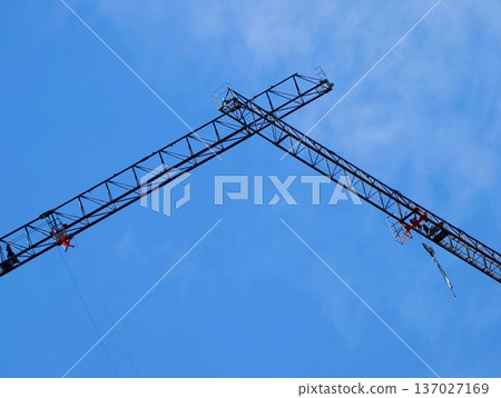 Brightly colored steel structures of cranes symbolize growth in expanding modern city landscape 137027169
