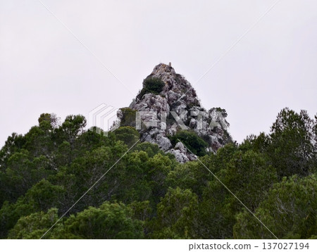 Peaceful mountain vista, Tranquil rocky elevation perched above lush green slopes and peaceful horizon Peaceful mountain vista, Tranquil rocky elevation perched above lush green slopes and peaceful horizon 137027194