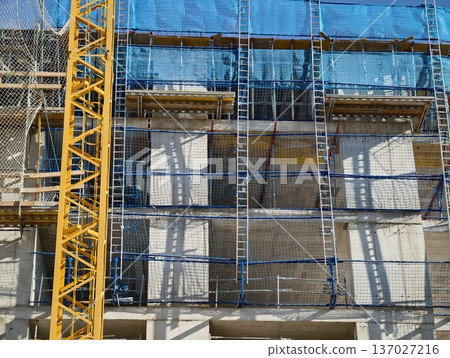 Industrial facade with safety equipment, Building front with scaffolding and protective nets 137027216