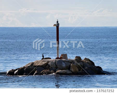 Calm seascape showcasing solitary lighthouse surrounded by textured rocks and tranquil waters Calm seascape showcasing solitary lighthouse surrounded by textured rocks and tranquil waters 137027252
