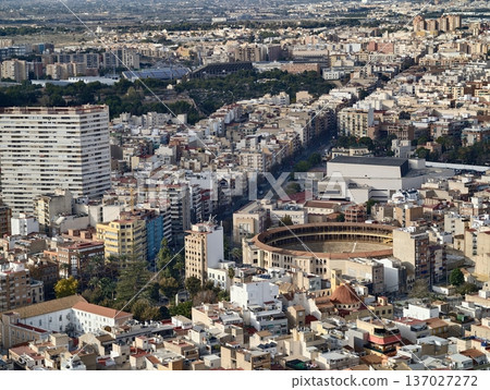 Vibrant streets overlook historic landscape, Skyview of lively marketplaces and historic rooftops below 137027272