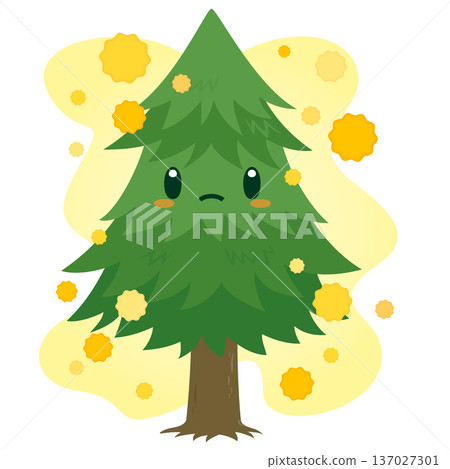 Character illustration of a single cedar tree scattering pollen 137027301