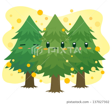 Character illustration of three cedar trees scattering pollen 137027302