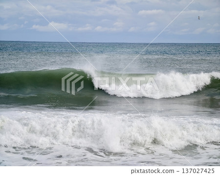 Dynamic shoreline terrain presents tumultuous waters with frothy foam under windy conditions Dynamic shoreline terrain presents tumultuous waters with frothy foam under windy conditions 137027425
