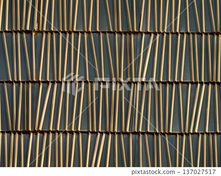 Close up view of horizontally aligned bamboo slats highlighting organic texture and subtle lighting nuances Close up view of horizontally aligned bamboo slats highlighting organic texture and subtle lighting nuances 137027517