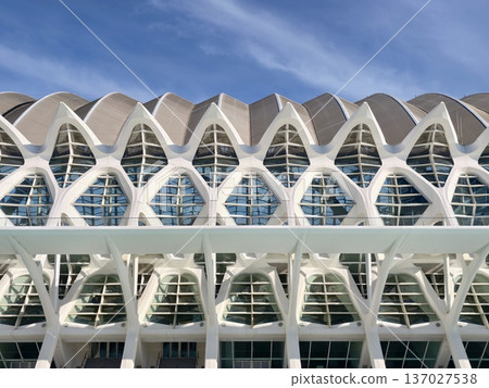 Multilayered white framework creates intricate shadow patterns against clear blue background 137027538