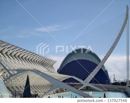 Contemporary urban design features, Innovative white bridges and domes under bright blue sky 137027548