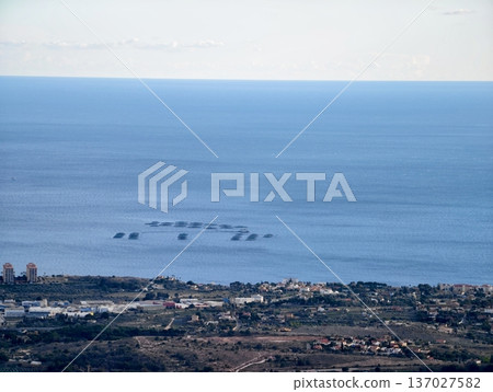 Organized offshore aquaculture units with dark ring formations and distant shoreline background Organized offshore aquaculture units with dark ring formations and distant shoreline background 137027582