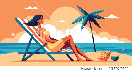 Beautiful woman relaxing on a beach chair enjoying summer sunbathing on vacation Beautiful woman relaxing on a beach chair enjoying summer sunbathing on vacation 137027601