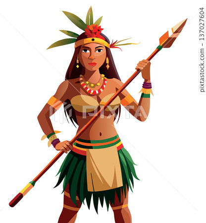 Native american woman kneeling holding spear in nature 137027604
