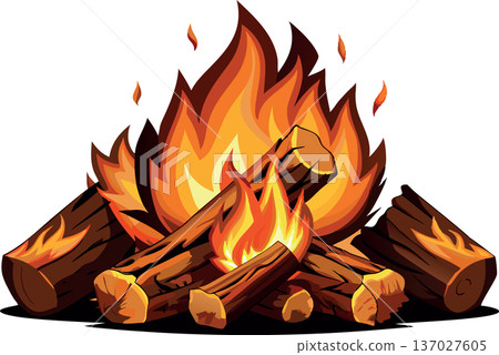 Bonfire burning with brightly burning flames on a white background Bonfire burning with brightly burning flames on a white background 137027605