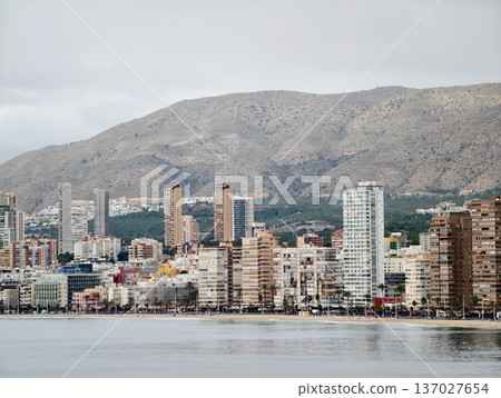 Cityscape with peaceful water backdrop, Highrise cluster beside tranquil bay under gentle illumination Cityscape with peaceful water backdrop, Highrise cluster beside tranquil bay under gentle illumination 137027654