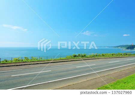 Hokkaido blue sky and seaside road Hokkaido blue sky and seaside road 137027960