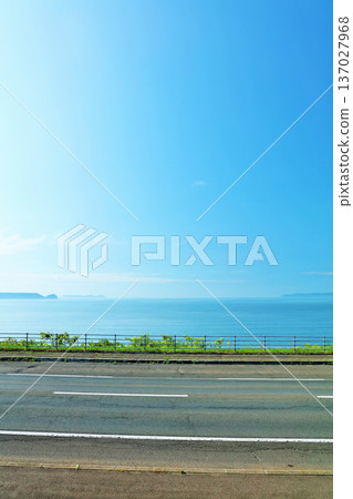 Hokkaido blue sky and seaside road Hokkaido blue sky and seaside road 137027968