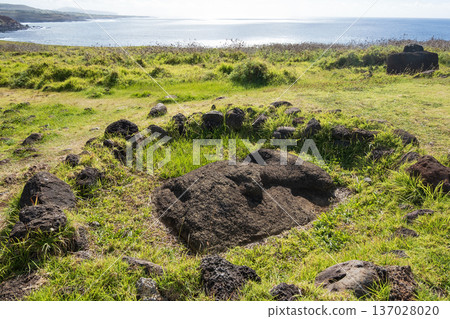 復活節島,海岸風光,阿胡維納普摩艾石像,僅露出臉部 復活節島,海岸風光,阿胡維納普摩艾石像,僅露出臉部 137028020