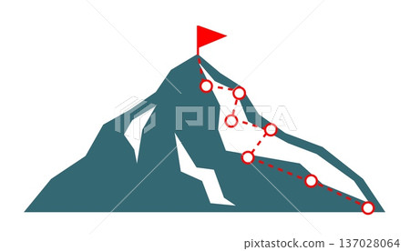 Mountain peak illustration with climbing path, checkpoints, and red flag symbolizing achievement, progress, challenge, goal tracking, and success journey, ideal for education, motivation, coaching 137028064