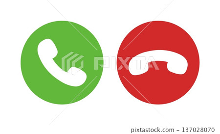 Set of call accept and decline icons in minimalist style featuring green accept and red decline buttons, clean vector symbols for phone interfaces, apps, websites, contact screens, and communication Set of call accept and decline icons in minimalist style featuring green accept and red decline buttons, clean vector symbols for phone interfaces, apps, websites, contact screens, and communication 137028070