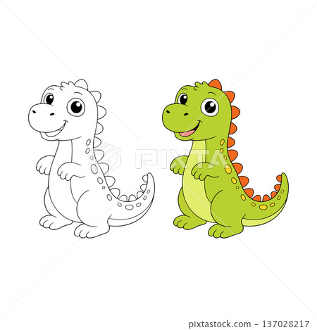 Cute Baby Dinosaur Coloring Page and Colored Cartoon Character Isolated on White Background for Kids Education Cute Baby Dinosaur Coloring Page and Colored Cartoon Character Isolated on White Background for Kids Education 137028217