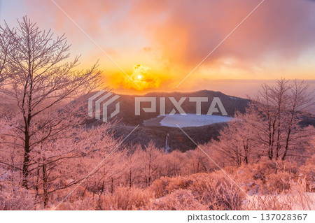 The frost-covered trees of Mount Akagi, dyed in the morning sun from the Jizo-dake hiking trail, and the completely frozen Konuma Pond 137028367