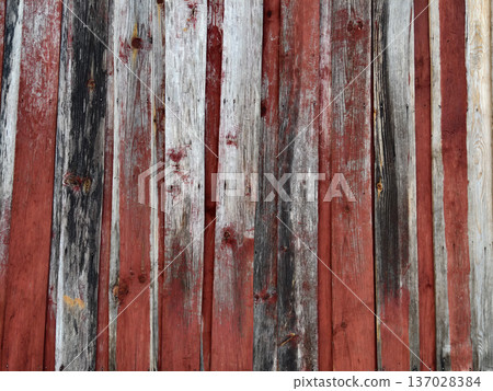 Rustic weathered red and grey wooden plank texture background. 137028384