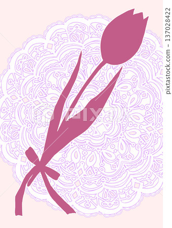 單朵鬱金香、緞帶、輪廓、蕾絲 137028422