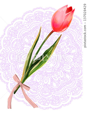 單支鬱金香，絲帶，紅色，蕾絲 137028429