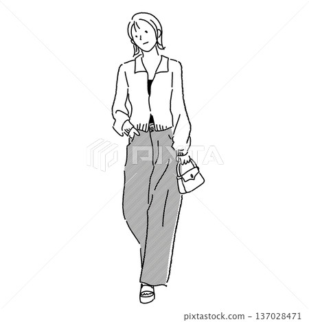 單色線條畫 春季女士服裝 全身時尚插畫 單色線條畫 春季女士服裝 全身時尚插畫 137028471